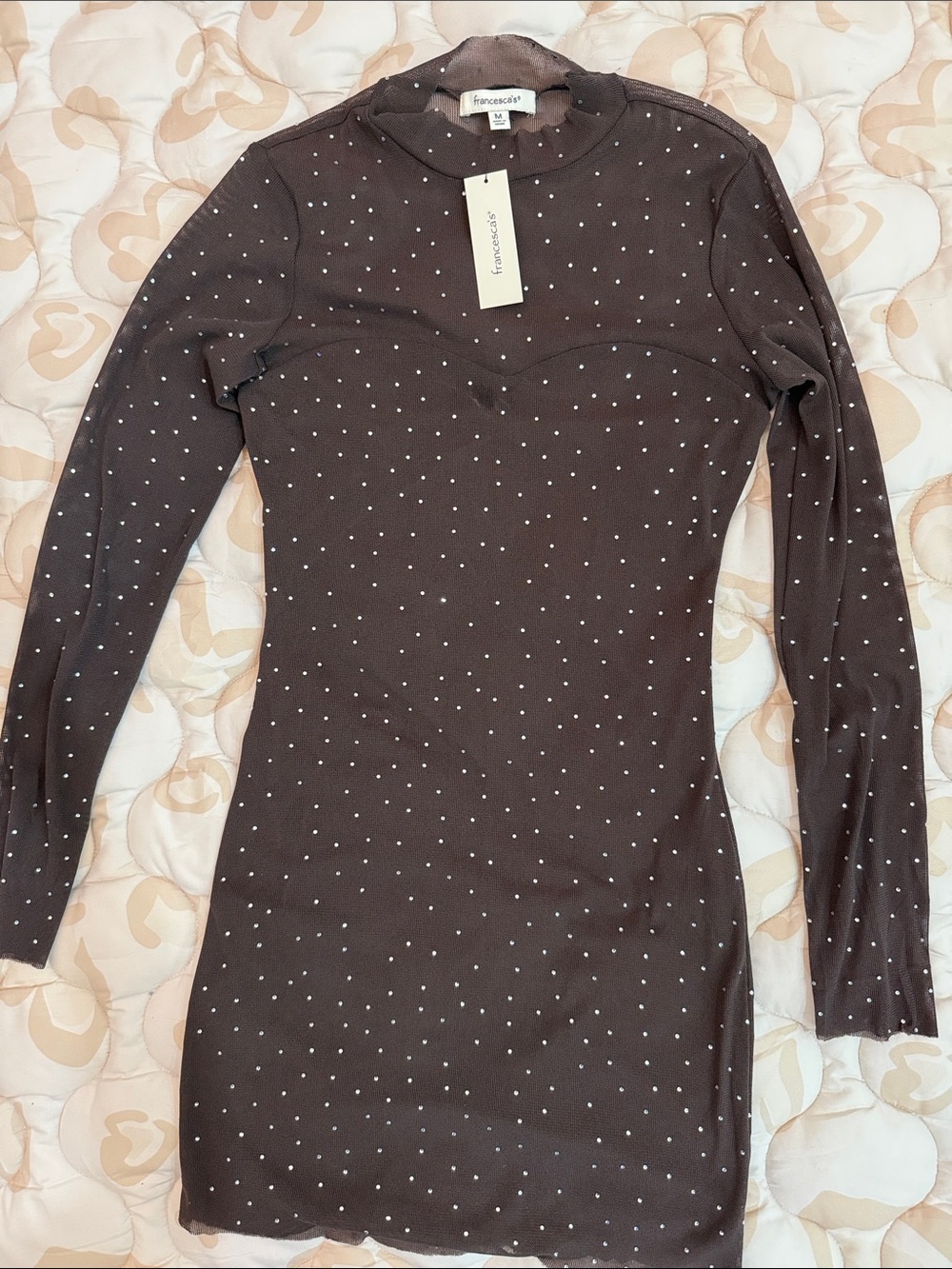Francesca's Collections Brown Long-Sleeve Polka Dot Bodycon Dress